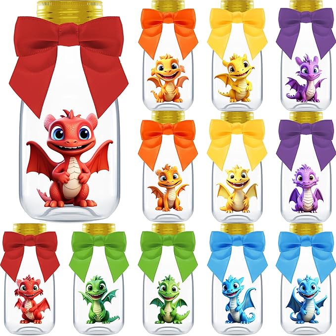 Small 12 Pack Baby Dragon Party Favors - Candy Jars with Ribbons and Stickers - DIY Party Decoration Bottle for Birthday, Baby Shower and School Classroom - Egg Container for Toddlers and Kids