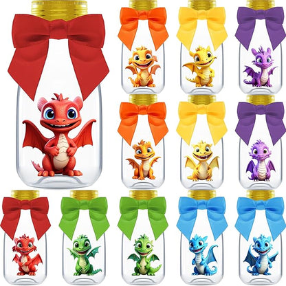 Small 12 Pack Baby Dragon Party Favors - Candy Jars with Ribbons and Stickers - DIY Party Decoration Bottle for Birthday, Baby Shower and School Classroom - Egg Container for Toddlers and Kids