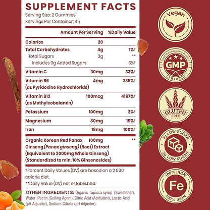 Korean Red Panax Ginseng Supplement Gummies - Iron Supplements for Women & Men - Iron Gummies with Vitamin C, B6, B12, Potassium & Magnesium, Vegan - 90 Count