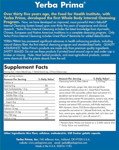 Yerba Prima Cleanse Men Rebuild Kit - 30 Day Internal Cleansing Supplements Designed for Males - Prostate & Colon Health - Kidney & Liver - Natural Herbal Psyllium Fiber, Aloe Vera, Milk Thistle Seed
