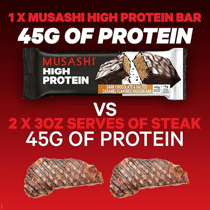 MUSASHI High Protein Bar, 45g Protein, <1g Total Sugars, Dark Chocolate & Salted Caramel, Post Workout and Protein Snack On The Go, 12 Pack of 3.2oz (90g) Bars