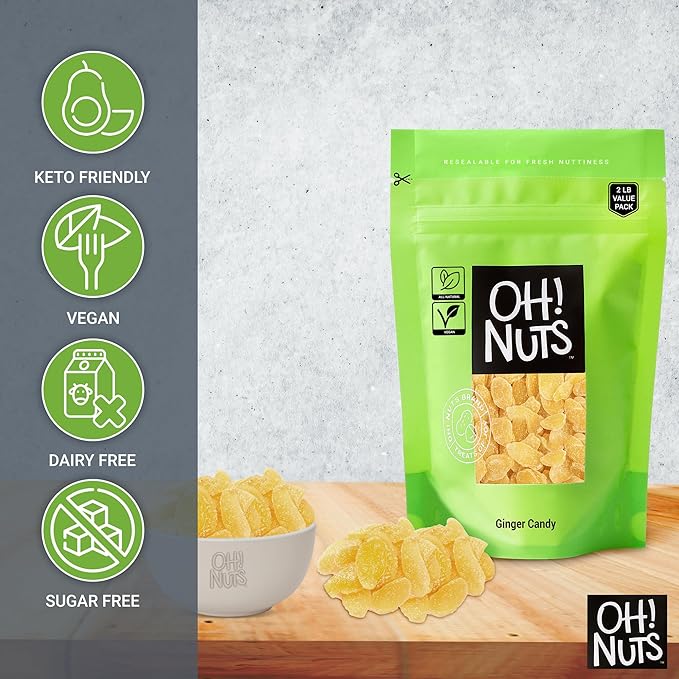 Oh! Nuts Ginger Candy - 2 lb - Dried Fruit Slices - with Crystallized Sugar Candied Coating - Dehydrated Fruit Bites - Packed in New York Zip-Seal Bag for Exceptional Freshness