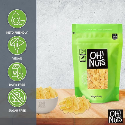 Oh! Nuts Ginger Candy - 2 lb - Dried Fruit Slices - with Crystallized Sugar Candied Coating - Dehydrated Fruit Bites - Packed in New York Zip-Seal Bag for Exceptional Freshness