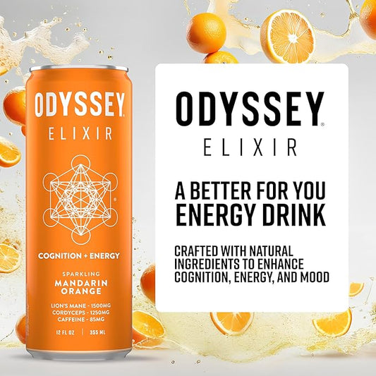 Odyssey Elixir Cognition + Sustainable Energy - Lion's Mane, Cordyceps, L Theanine, Ginseng & 85mg Green Tea Caffeine - 0 Added Sugar - No Jitters or Crash - Orange - 12 Fl oz, 12 Pack