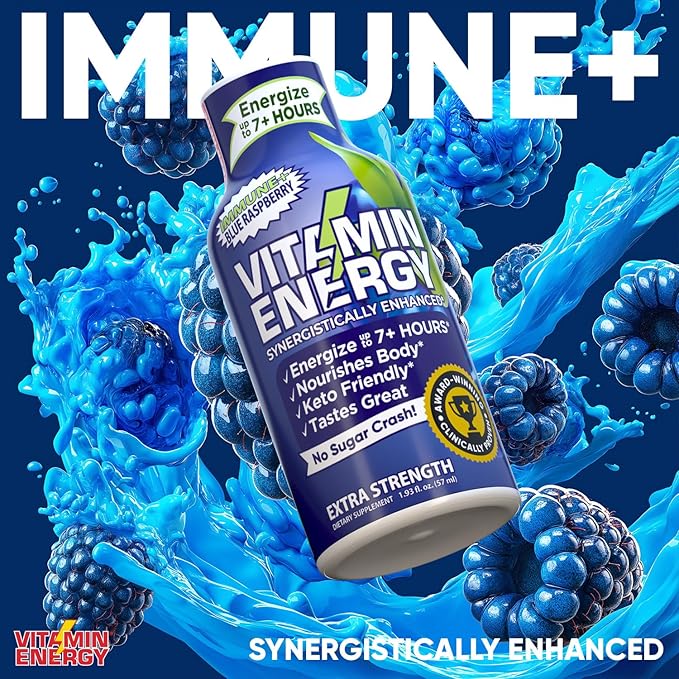 Vitamin Energy Immune+ Extra Strength Daily Energy Shot – Blue Raspberry – 260mg Natural Caffeine, B-Vitamins, Green Tea, Citicoline – Immune & Focus Support – Zero Sugar, Vegan – 1.93 fl oz, 48-Pack