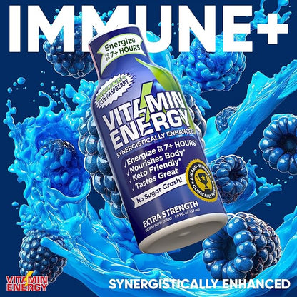Vitamin Energy Immune+ Extra Strength Daily Energy Shot – Blue Raspberry – 260mg Natural Caffeine, B-Vitamins, Green Tea, Citicoline – Immune & Focus Support – Zero Sugar, Vegan – 1.93 fl oz, 48-Pack