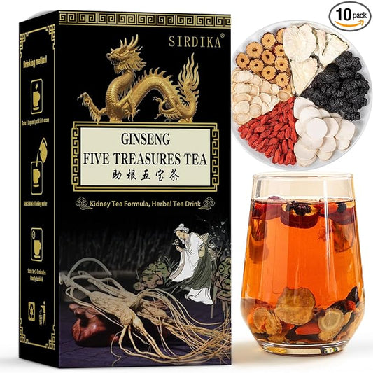 Ginseng Five Treasure Tea, Kidney Teas Formula Ginseng Six Treasure Tea, 6 Precious Ingredients Formula, Traditional Chinese Herbal Cleanse DetoxTea for Women & Men (1 Pack/10 Bags)