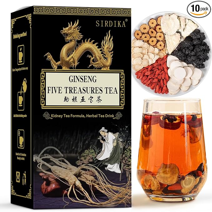 Ginseng Five Treasure Tea, Kidney Teas Formula Ginseng Six Treasure Tea, 6 Precious Ingredients Formula, Traditional Chinese Herbal Cleanse DetoxTea for Women & Men (1 Pack/10 Bags)