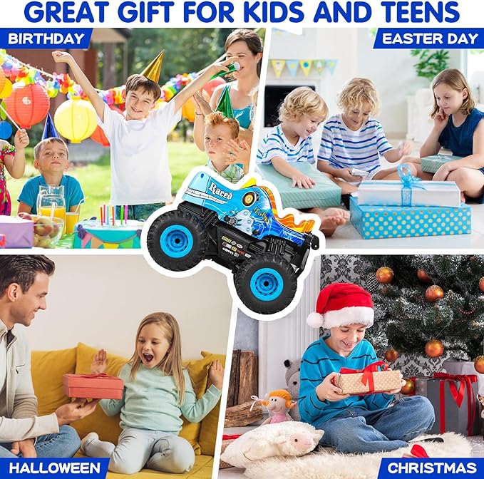 DYODYORC Remote Control Car, 2.4Ghz All Terrain Pony Monster Truck Toys, RC Truck with Music, 3 Lighting Effects, 360 Stunt Capable, All Included Ready to Run, Toy Gifts for Boys and Girls (Blue)