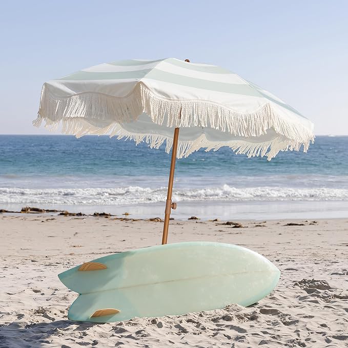 AMMSUN Boho Fringe Umbrella Outdoor Patio, 6.5ft UPF50+ Picnic Umbrella with Tassels with Steel Pole and Push Button Tilt, Vintage Green Stripe