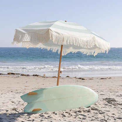AMMSUN Boho Fringe Umbrella Outdoor Patio, 6.5ft UPF50+ Picnic Umbrella with Tassels with Steel Pole and Push Button Tilt, Vintage Green Stripe