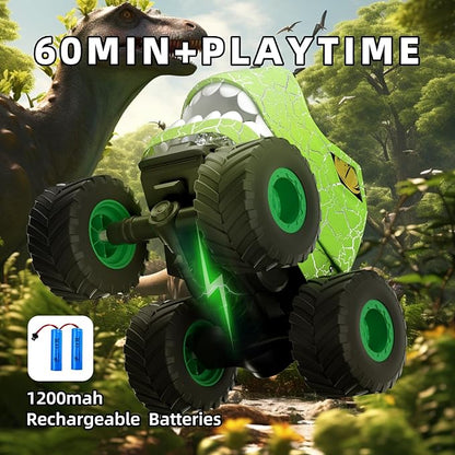 Dinosaur Remote Control Car,RC Monster Trucks for Boys 3-12 Year Old,360° Rotating RC Stunt Car Truck Toys with Spray,Light & Sound,All Terrain RC Cars Birthday Party Gift for Kids (Green)
