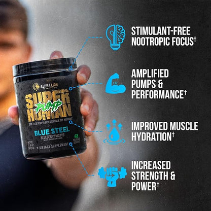 ALPHA LION Superhuman Pump Pre Workout Powder, Nootropic Caffeine & Stim Free Preworkout Supplement, Nitric Oxide Booster, Muscle Gainer, Energy & Focus (42 Servings, Blueberry Steel Flavor)