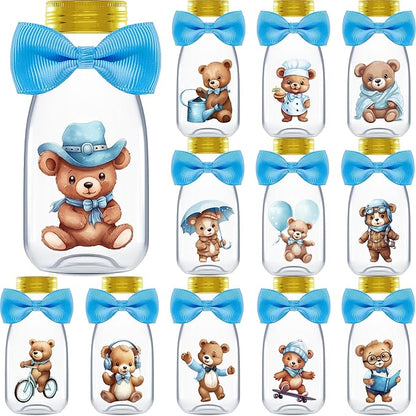 Small 12 Pack We Can Bearly Wait Party Favors for Boy - Candy Jars with Bowties and Stickers - DIY Party Decoration Bottles for Baby Shower and Gender Reveal - Blue Teddy Bear Table Centerpiece