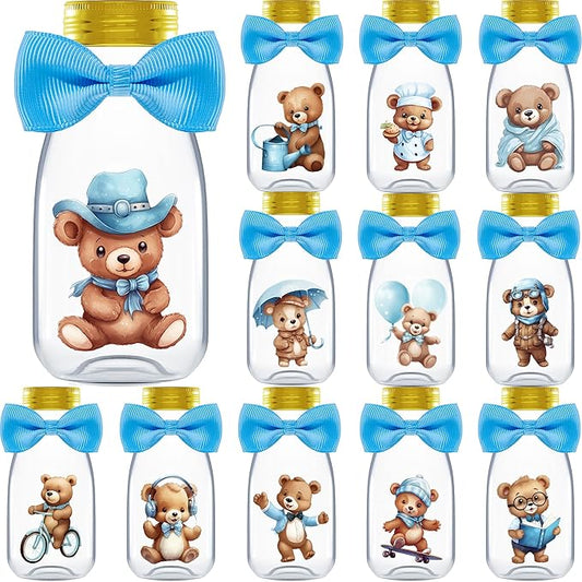 Small 12 Pack We Can Bearly Wait Party Favors for Boy - Candy Jars with Bowties and Stickers - DIY Party Decoration Bottles for Baby Shower and Gender Reveal - Blue Teddy Bear Table Centerpiece