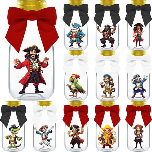 Small 12 Pack Pirate Party Favors - DIY Candy Jars with Ribbons and Stickers - Party Decoration Bottles for Birthday, School Classroom, and Halloween - Pirate Table Centerpieces for Kids