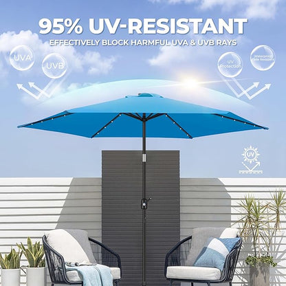FRUITEAM 7 1/2 ft Solar LED Umbrella Solar Powered Umbrella Polyester LED Lighted Patio Umbrella w/Tilt Adjustment and Fade-Resistant Fabric - Sky Blue
