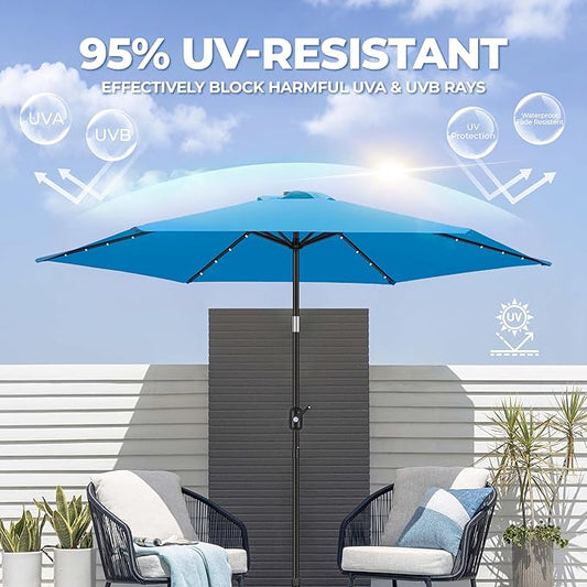 FRUITEAM 7 1/2 ft Solar LED Umbrella Solar Powered Umbrella Polyester LED Lighted Patio Umbrella w/Tilt Adjustment and Fade-Resistant Fabric - Sky Blue