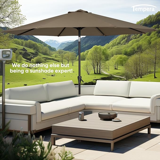 Tempera Patio Market Outdoor Table Umbrella with Push Button Tilt and Crank,Large Sun Umbrella with Sturdy Pole&Fade resistant canopy,Easy to set
