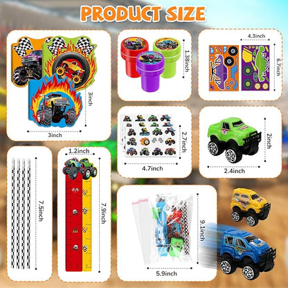 BenLouis 192Pcs Monster Truck Party Favors Truck Car Birthday Stampers Stickers School Stationery Set Bulk for Kids wheels party Race Car Themed Party Goodie Bag Stuffers Pinata Filler Supplies