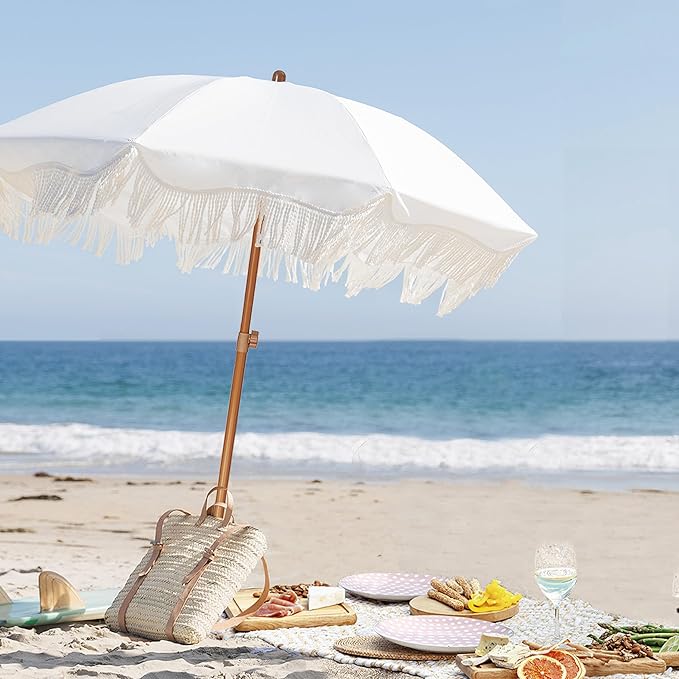 AMMSUN Boho Fringe Umbrella Outdoor Patio, 6.5ft UPF50+ Picnic Umbrella with Tassels with Steel Pole and Push Button Tilt, Antique White