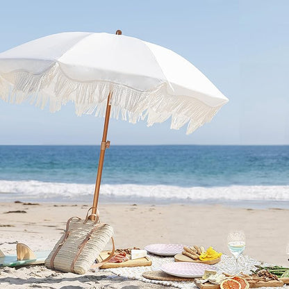 AMMSUN Boho Fringe Umbrella Outdoor Patio, 6.5ft UPF50+ Picnic Umbrella with Tassels with Steel Pole and Push Button Tilt, Antique White