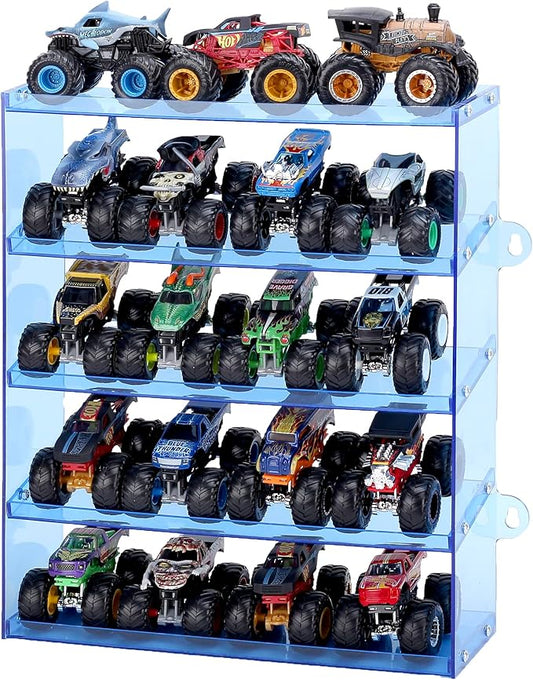 Assembly Monster Trucks Display Case - 5 Tier Acrylic Storage Case with Tilted Design, Organizer for 20 Toy Trucks (Blue)