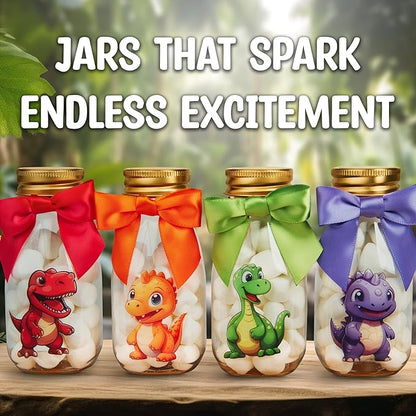 Small 12 Pack Dinosaur Party Favors - DIY Candy Jars with Ribbons and Stickers - Party Decoration Bottles for Birthday, Baby Shower and School Classroom - Dinosaur Table Centerpiece for Kids