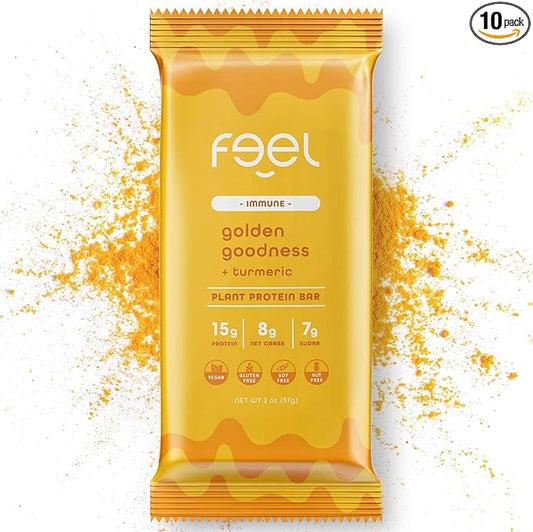 Feel Vegan Protein Bars | Golden Goodness | Keto | Gluten Free | Organic | Turmeric | 15g Plant Protein | Low Carb | High Protein | Dairy Free | Low Sugar | Grain Free | Nut Free | Soy Free | Non GMO - (Golden Goddess, 10 Pack)