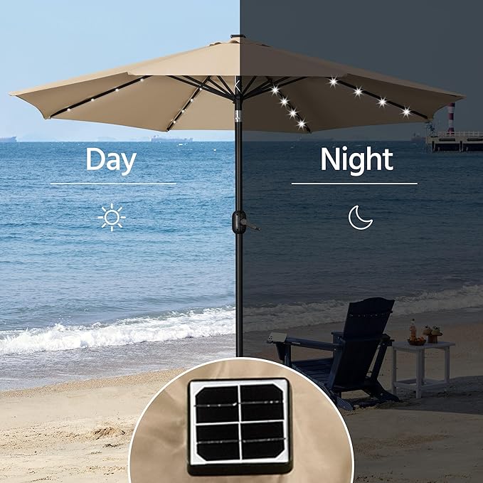 Yaheetech 11FT Solar Umbrella Lighted Patio Umbrella w/Tilt & Crank Lift System, Outdoor Market Sunshade with 32 LED Lights for Pool, Porch, Garden, Deck, Backyard, Tan