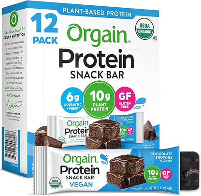 Orgain Organic Vegan Protein Bars, Chocolate Brownie - 10g Plant Based Protein, Low Calorie Healthy Snacks, No Lactose or Soy Ingredients, Gluten Free, Non-GMO - 1.41 Oz (Pack of 12)