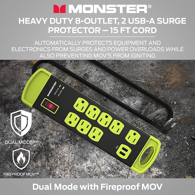 Monster Workshop Heavy-Duty Garage Power Strip Surge Protector - Mountable Heavy-Duty Wide-Spaced 8 Grounded AC & 2 USB-A Outlets with 14ft Angled Flat Plug - 1200 Joules - ETL Listed Black