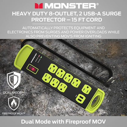 Monster Workshop Heavy-Duty Garage Power Strip Surge Protector - Mountable Heavy-Duty Wide-Spaced 8 Grounded AC & 2 USB-A Outlets with 14ft Angled Flat Plug - 1200 Joules - ETL Listed Black