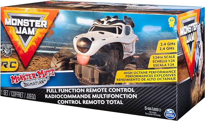 Monster Jam, Official Monster Mutt Dalmatian Remote Control Monster Truck for Boys and Girls, 1:24 Scale, 2.4 GHz, Kids Toys for Ages 4-6+