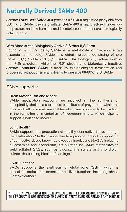 Jarrow Formulas Same 400 mg, Supports Joint Health, Liver Function, Brain Metabolism, 60 Tablets, Up to a 60 Day Supply,Pack of 12
