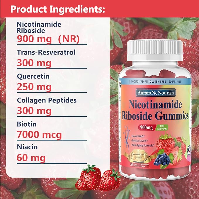 2 Pack NAD Resveratrol Supplement, Sugar Free Nicotinamide Riboside 900mg Gummies with Quercetin, Collagen, Vitamin Support Anti Aging, Cell Regeneration, Energy Boost, Skin Improvement for Women Men