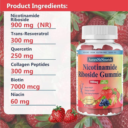 2 Pack NAD Resveratrol Supplement, Sugar Free Nicotinamide Riboside 900mg Gummies with Quercetin, Collagen, Vitamin Support Anti Aging, Cell Regeneration, Energy Boost, Skin Improvement for Women Men
