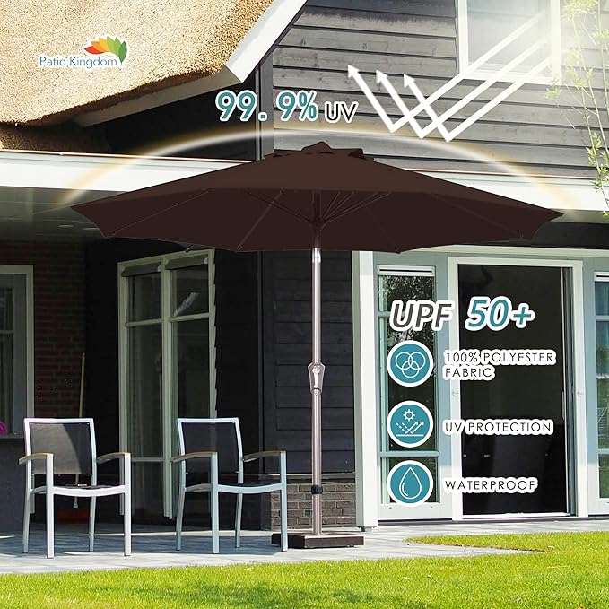 PatioKingdom 9FT Patio Outdoor Umbrella-UPF 50+ Sun Shade with Wind Vent, Push-Button Tilt & Smooth Crank Lift, Rust-Resistant Fiberglass Frame for Garden, Backyard,Yard