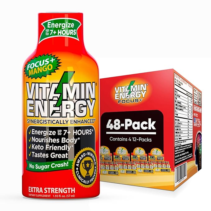 Vitamin Energy Focus+ Extra Strength Daily Energy Shot – Mango – 260mg Natural Caffeine, 100% DV B-Vitamins – Focus & Productivity Support – Zero Sugar, Vegan, Kosher – 1.93 fl oz, 48-Pack