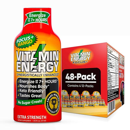 Vitamin Energy Focus+ Extra Strength Daily Energy Shot – Mango – 260mg Natural Caffeine, 100% DV B-Vitamins – Focus & Productivity Support – Zero Sugar, Vegan, Kosher – 1.93 fl oz, 48-Pack