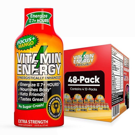 Vitamin Energy Focus+ Extra Strength Daily Energy Shot – Mango – 260mg Natural Caffeine, 100% DV B-Vitamins – Focus & Productivity Support – Zero Sugar, Vegan, Kosher – 1.93 fl oz, 48-Pack