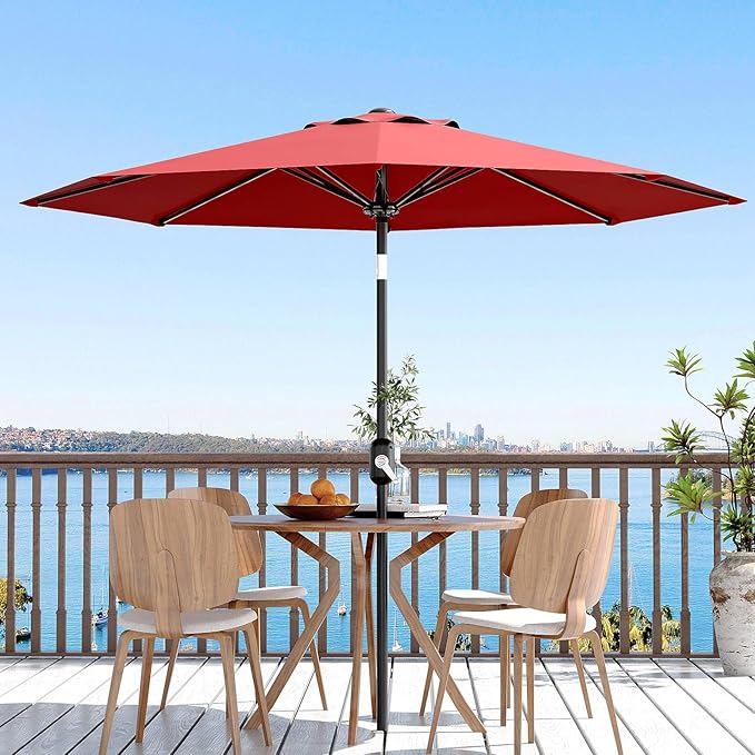 9Ft Patio Umbrella - 8 Sturdy Ribs Outdoor Table Umbrella with Crank Lift & Push Button Tilt - Market Umbrella for Pool, Deck, Yard, Garden - Red
