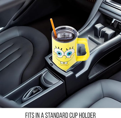 Silver Buffalo Spongebob Squarepants Smiling Face Stainless Steel Tumbler with Handle and Straw, Fits in Standard Cup Holder, 40 Ounces
