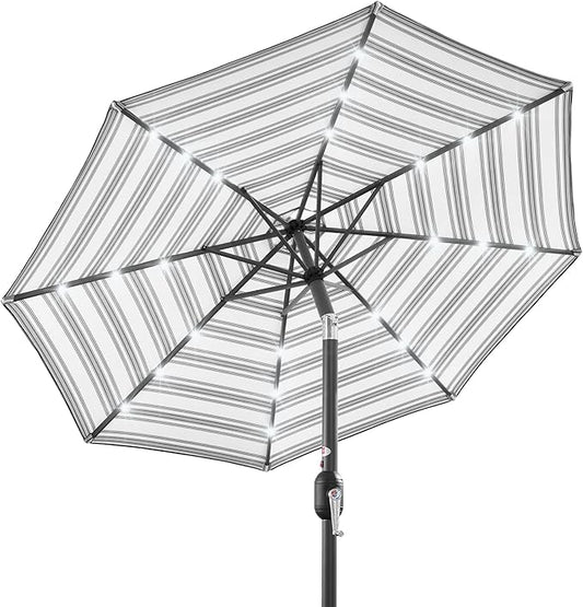 Best Choice Products 10ft Solar Polyester LED Lighted Patio Umbrella w/Tilt Adjustment and UV-Resistant Fabric - Striped Gray