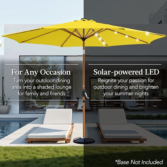 Best Choice Products 10ft Solar Market Patio Umbrella w/Woodgrain Pattern Pole, LED Lights, Tilt & Crank – Outdoor Sun Shade for Backyard Table, Deck, Poolside – Yellow