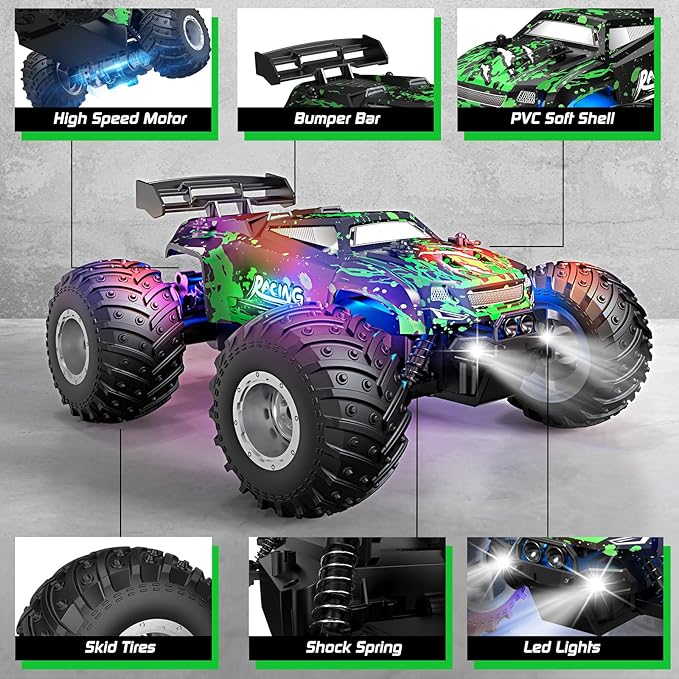 Remote Control Car, 1:18 Scale All Terrain RC Cars, 2WD 20Km/h with Colorful LedLight and Two Rechargeable Batteries, Remote Control Monster Truck Off Road Racing Car Toys for Kids and Boys