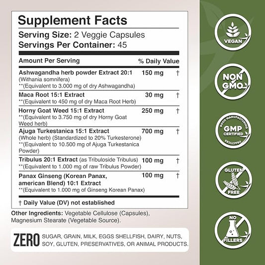 Ashwagandha - Maca Root - Horny Goat Weed - Turkesterone - Tribulus - Ginseng, 90 Capsules - Made in USA