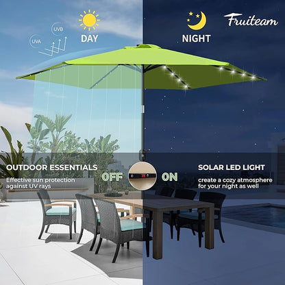 FRUITEAM Solar LED Lighted Patio Umbrella, 24 Lights Outdoor Table Umbrella w/Easy Tilt Adjustment, Straight-pole Umbrella Adjustment and Crank Lift System for Market, Garden, Deck, Pool (Lime Green)