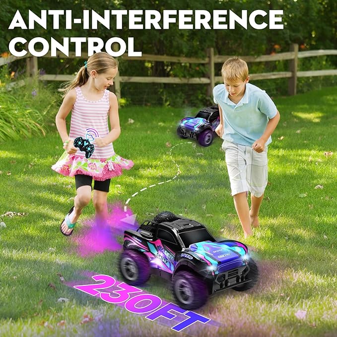 RC Cars 1:16 Remote Control Car for Boys 4-7 8-12,All Terrain Rechargeable Remote Control Truck for Kids, 2.4GHz Rc Monster Truck with Bodylight&Music&Spray, 20KM/H Car Toys for Ages 5-7, 8-13 Purple