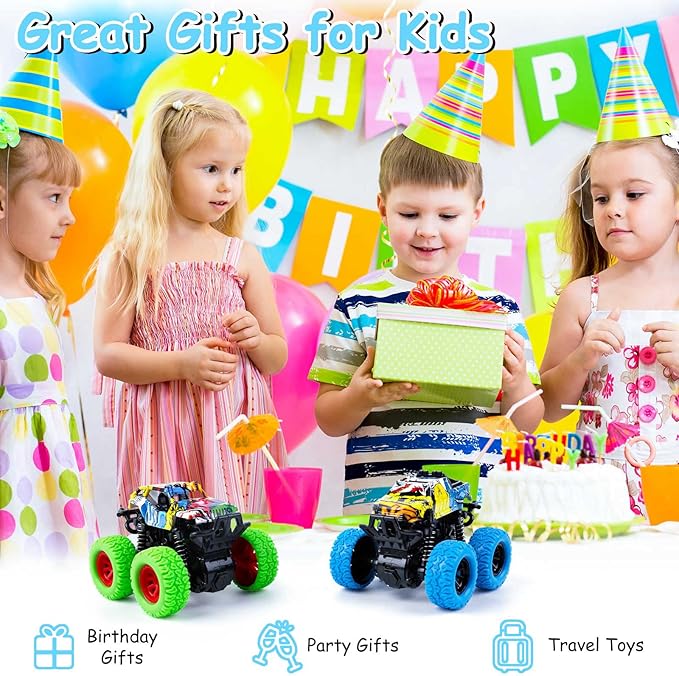 M SANMERSEN Monster Truck Toys for Ages 2-4, Friction Cars for Toddlers 1-3 Push and Go 360° Rotating Stunt Car for 2+ Year Old Boys Girls Gifts (2 Pack - Blue and Green)